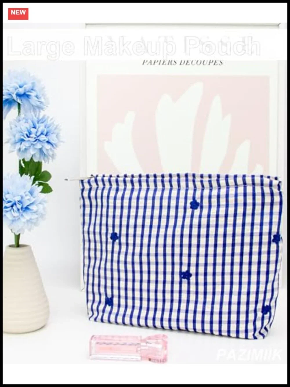 Flat Canvas-Lined Makeup Bag for Women, Zipper Cosmetic Pouch for Purse,